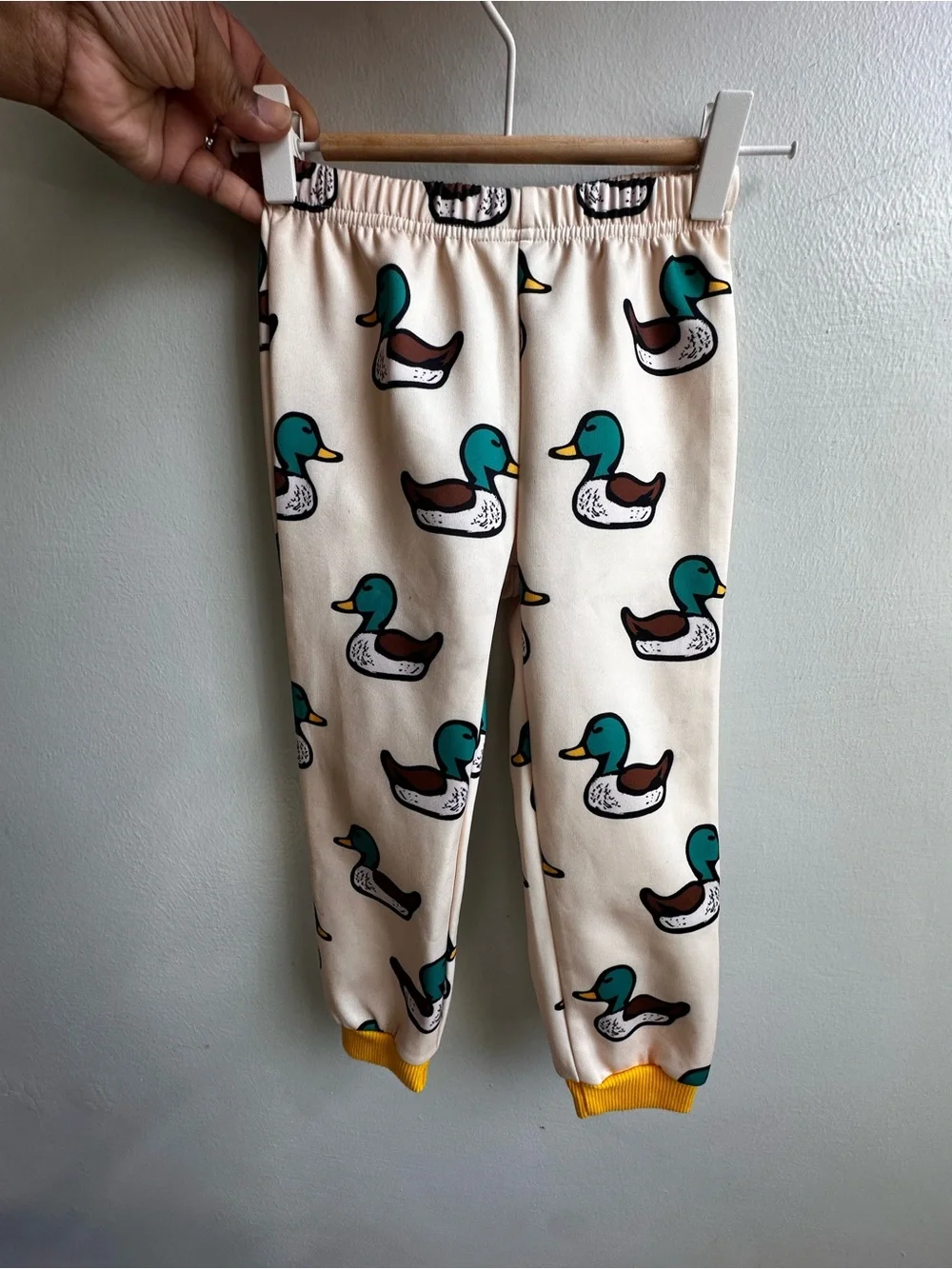 Cream Duck-Print Kids Set with Yellow Trim